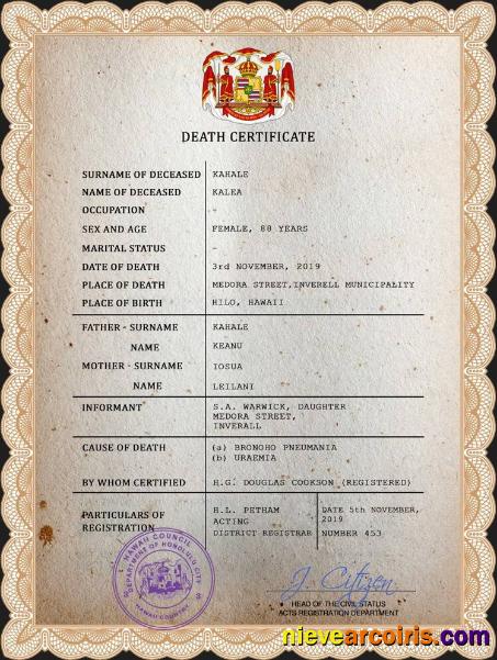 Hawaii vital record death certificate